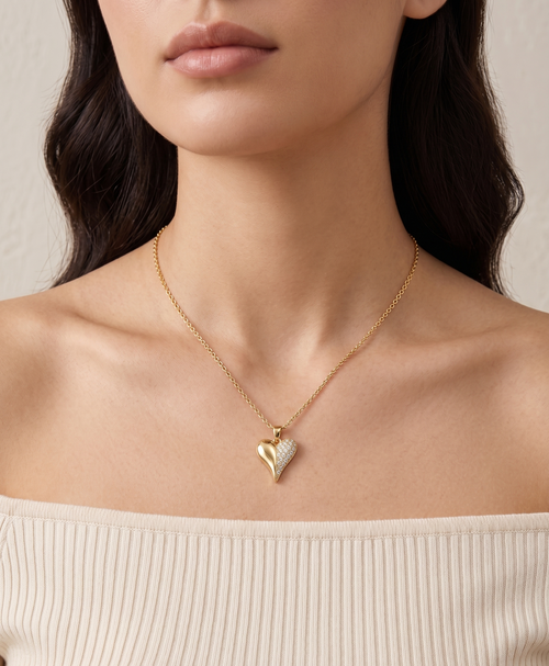 Crystal Half-Pave Heart Pendant Necklace -  18K Gold Plated