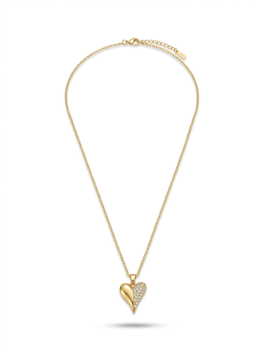 Crystal Half-Pave Heart Pendant Necklace -  18K Gold Plated