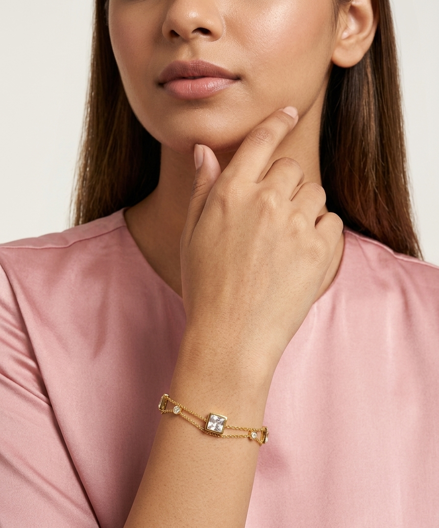 Double-Layer Square Zirconia Bracelet - 18K Gold Plated