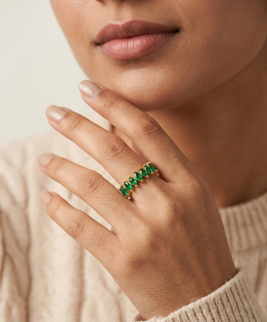 Marquise Emerald Eternity Open Ring - 18K Gold Plated