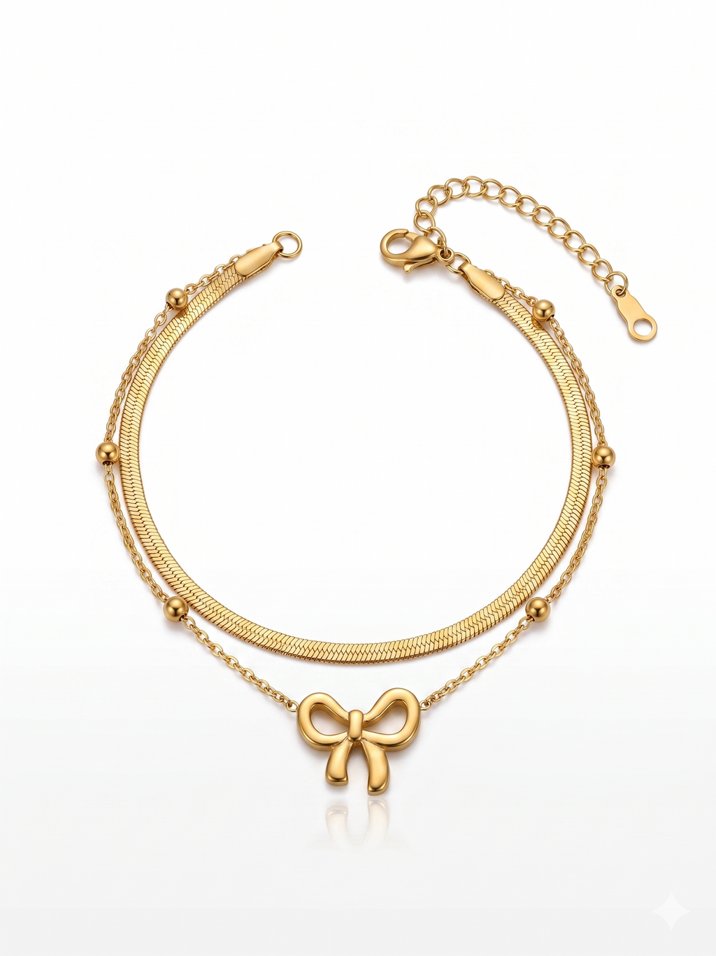 Coquette Double-Layer Bow & Herringbone Bracelet- 18K Gold Plated