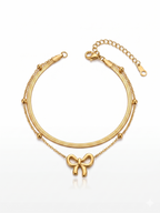 Coquette Double-Layer Bow & Herringbone Bracelet- 18K Gold Plated