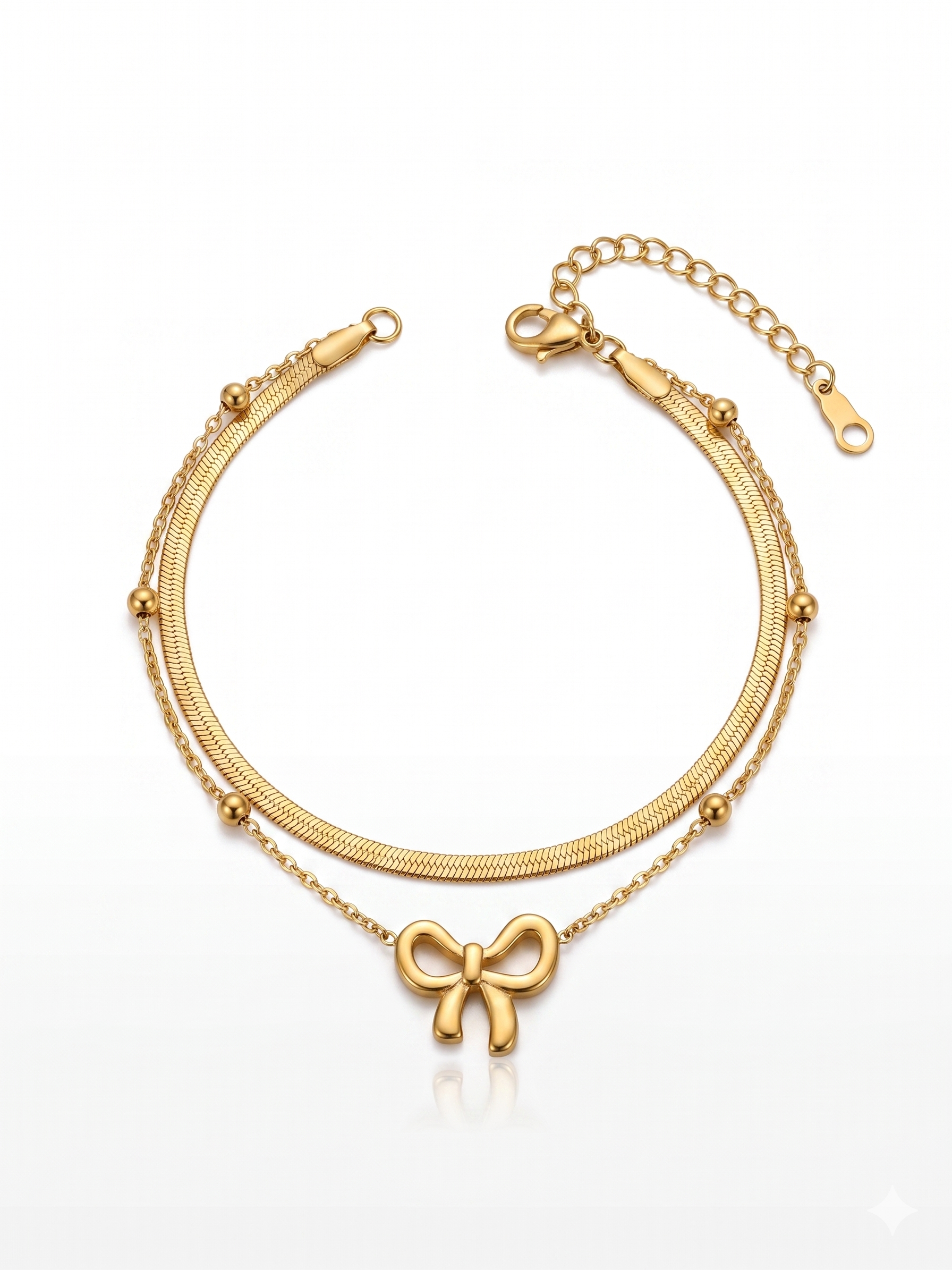 Coquette Double-Layer Bow & Herringbone Bracelet- 18K Gold Plated