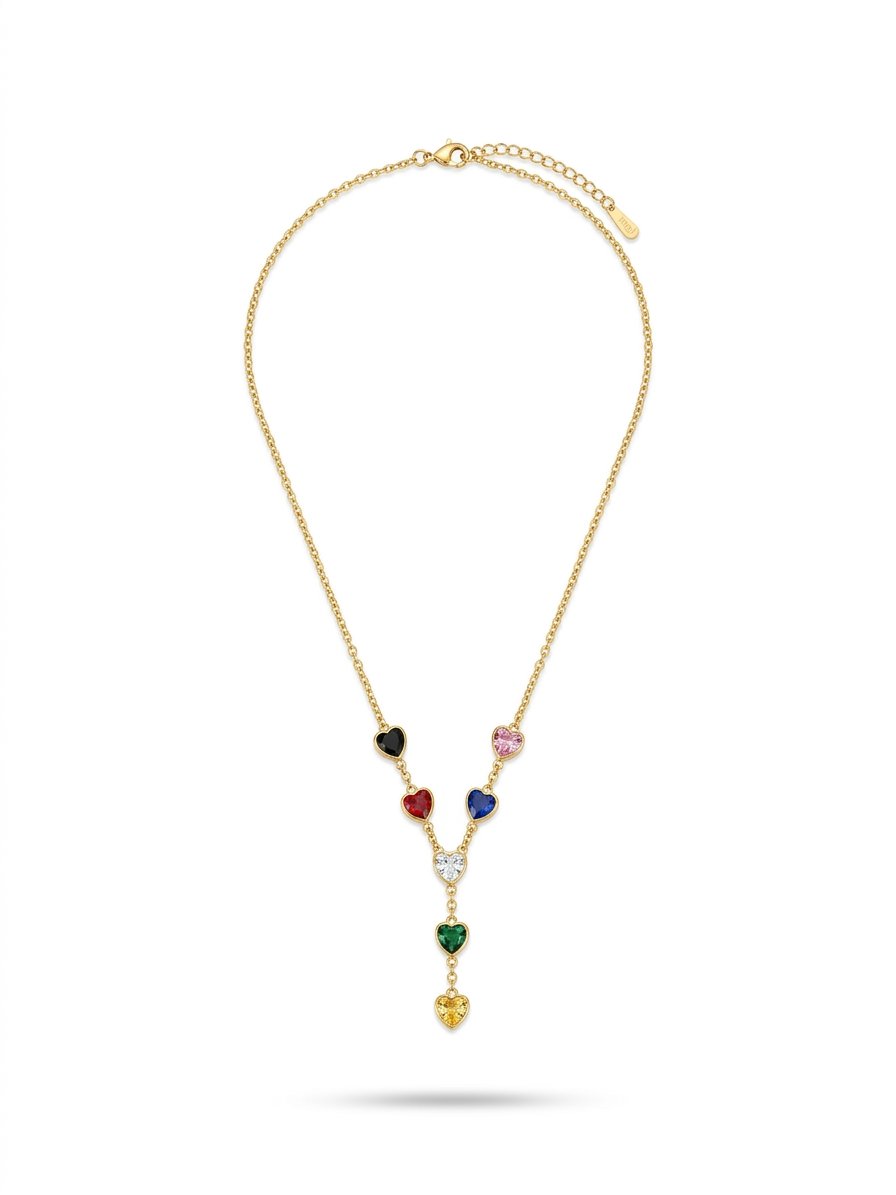 Multi-Color Gemstone Heart Y-Necklace - 18K Gold Plated