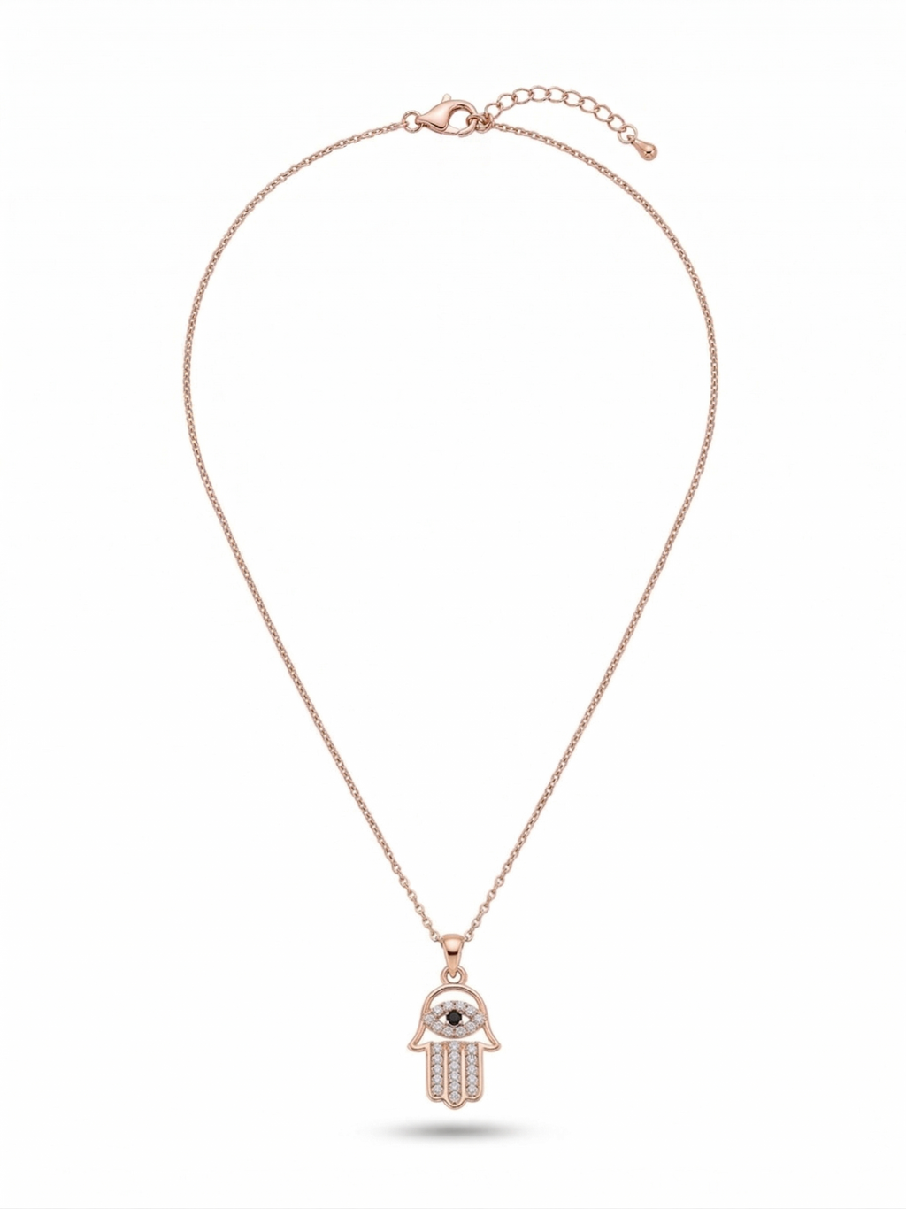 Rose Gold Pavé Hamsa Hand Evil Eye Necklace - 18K Gold Plated
