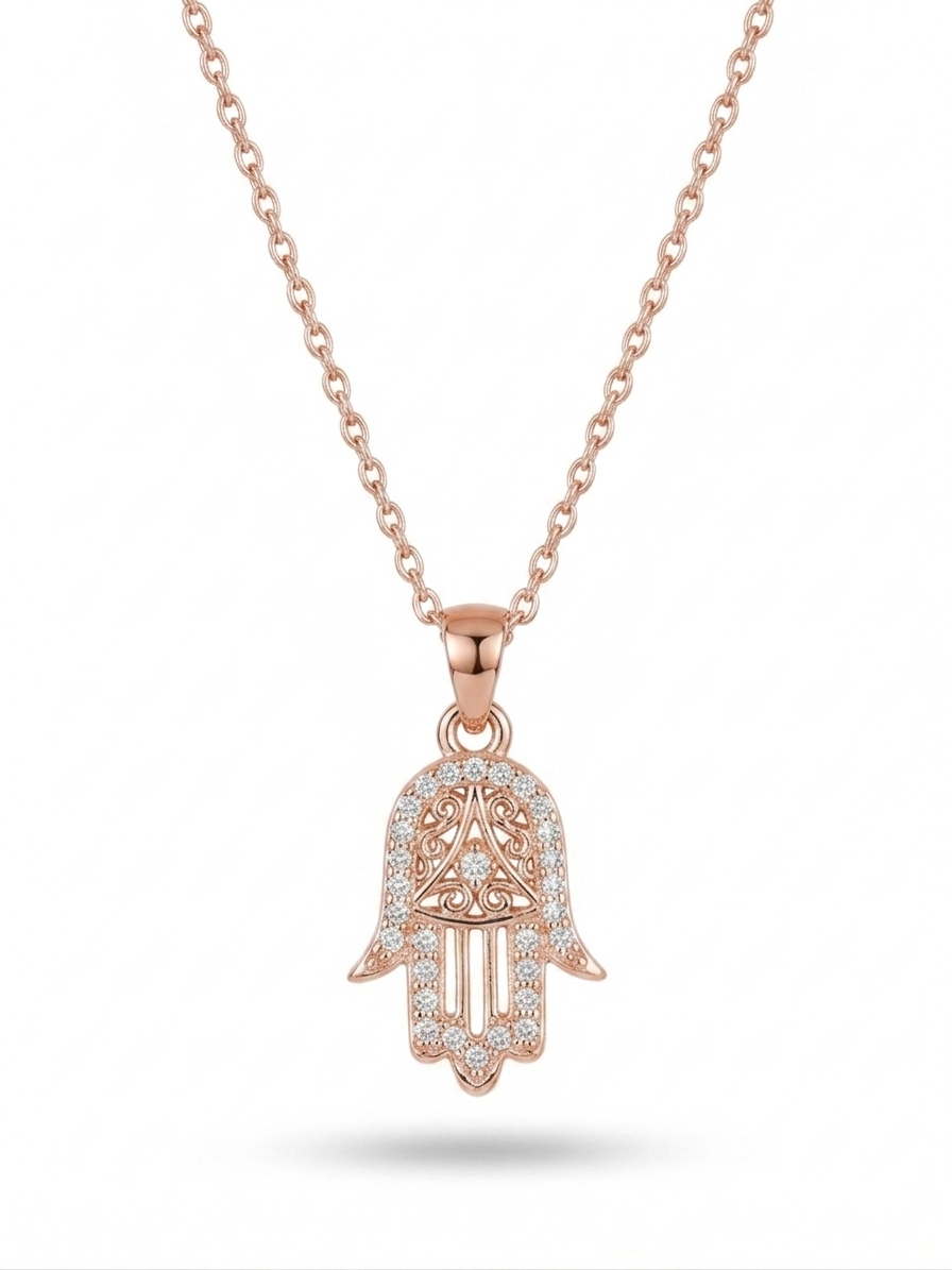 Rose Gold Filigree Hamsa Charm Necklace - 18K Gold Plated