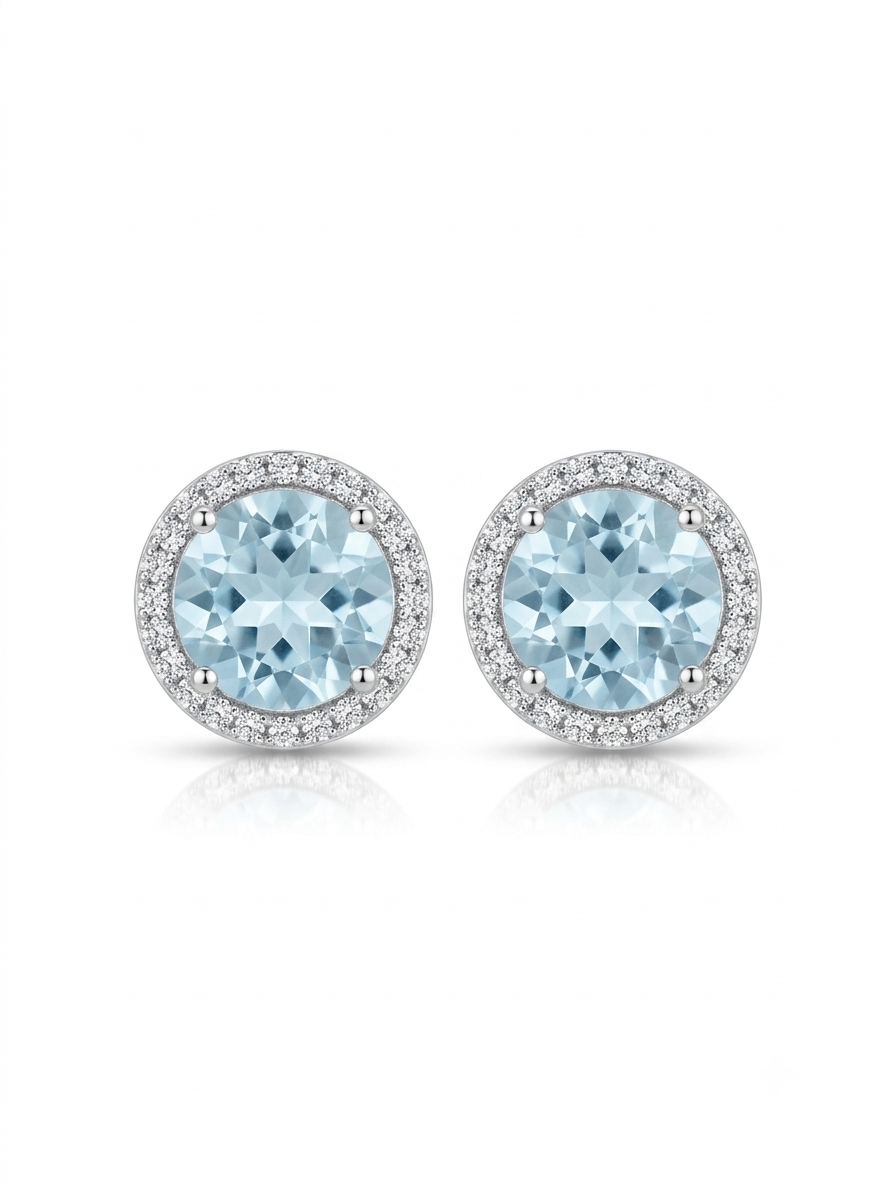 Silver Aquamarine Round Gemstone Halo Stud Earrings