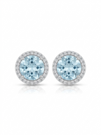 Silver Aquamarine Round Gemstone Halo Stud Earrings