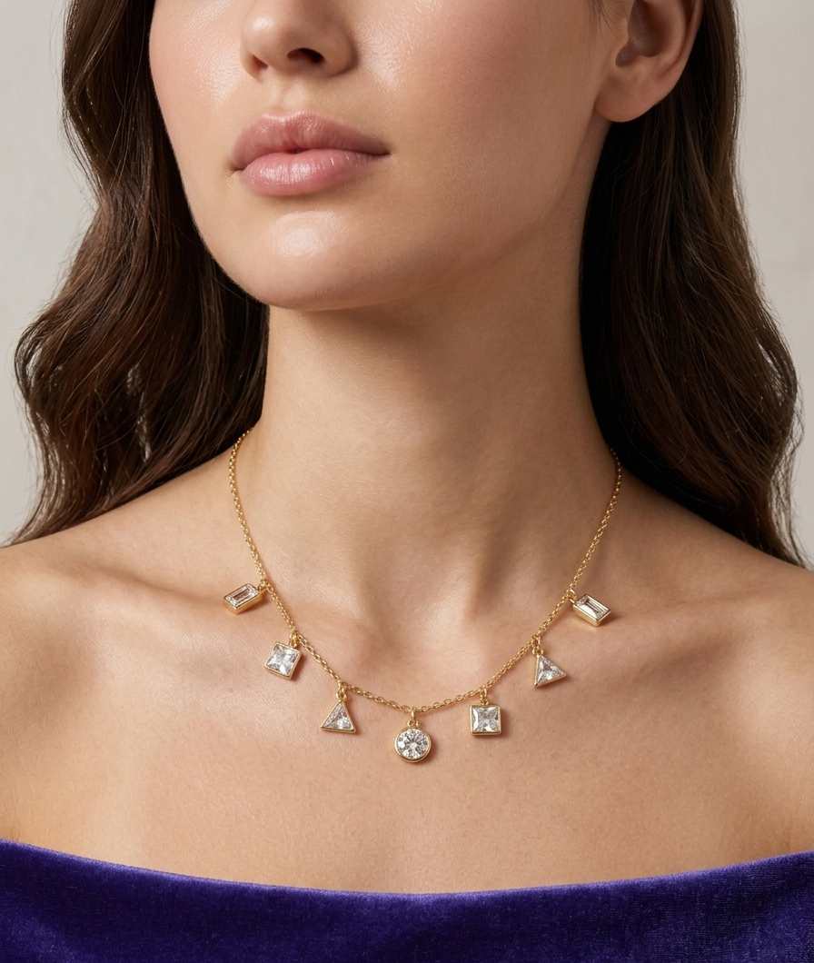 Geometric Charm Droplet Necklace - 18K Gold Plated