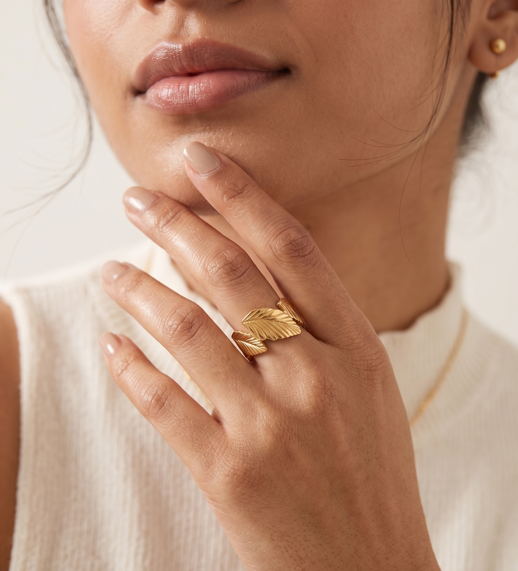 Laurel Leaf Adjustable Open Ring - 18K Gold Plated