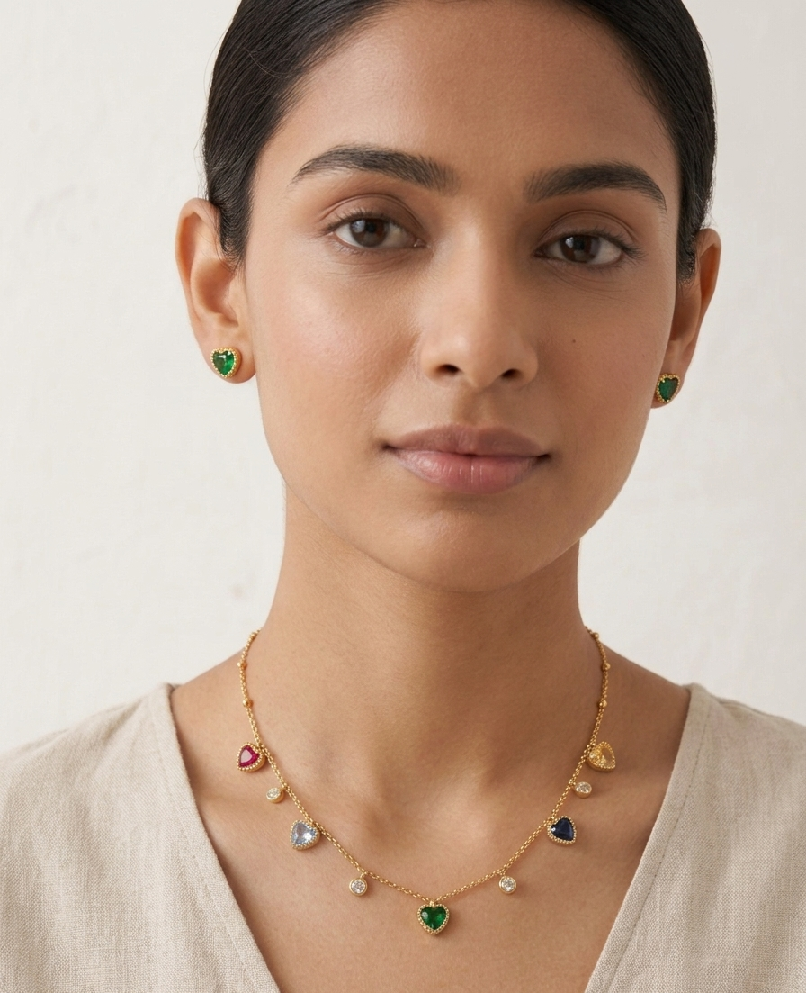 Vibrant Multi-Gemstone Heart Jewelry Set - 18K Gold Plated