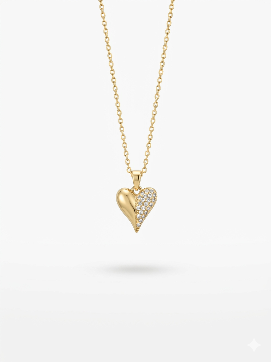 Crystal Half-Pave Heart Pendant Necklace -  18K Gold Plated