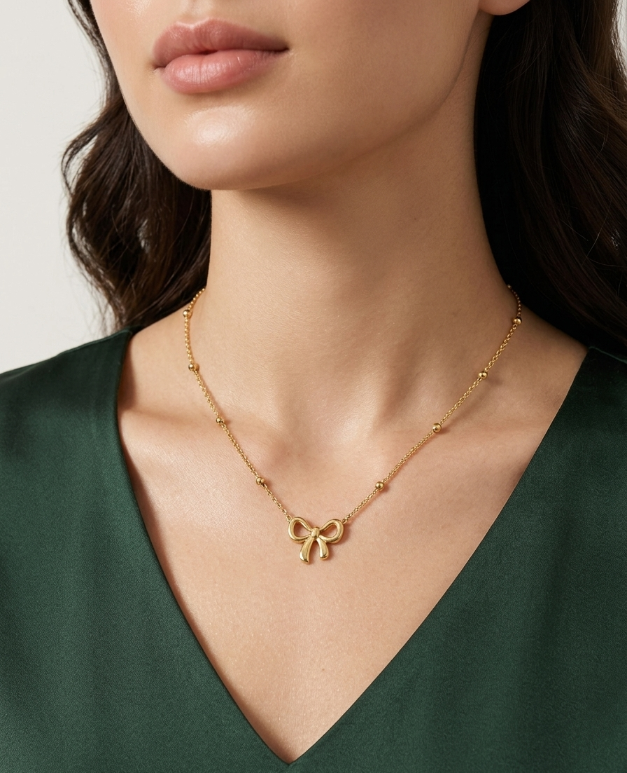 Graceful Ribbon Bow Beaded Necklace - 18K Gold Plated