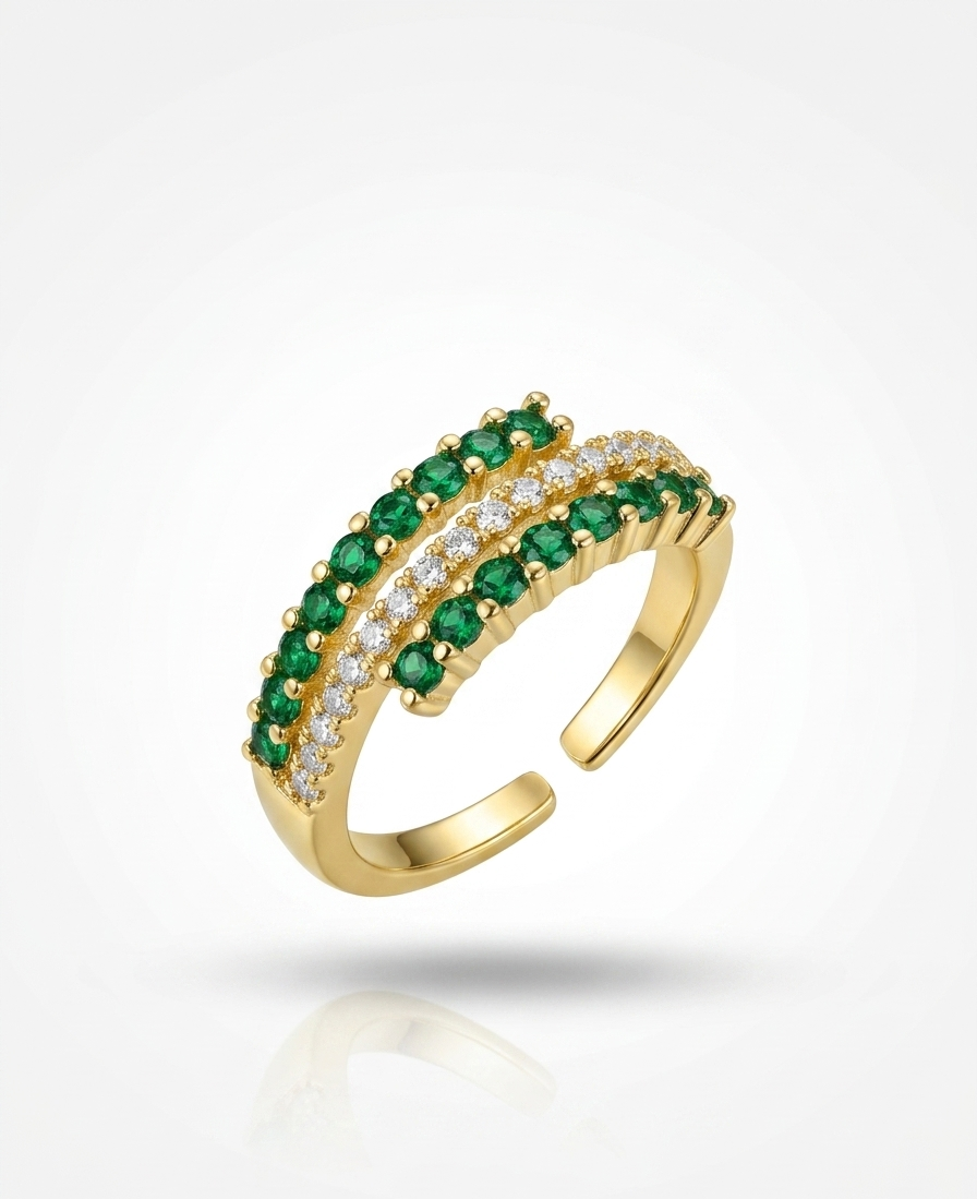 The Emerald Envy Triple-Row Adjustable Ring - 18K Gold Plated