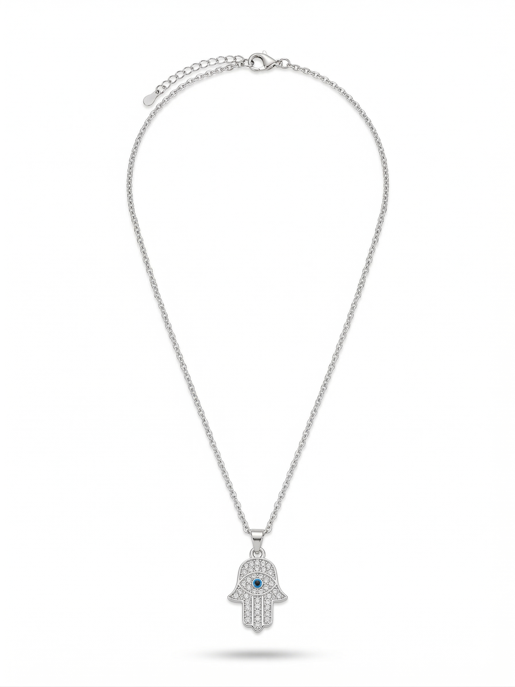 Pavé Hamsa Hand Evil Eye Necklace in Silver