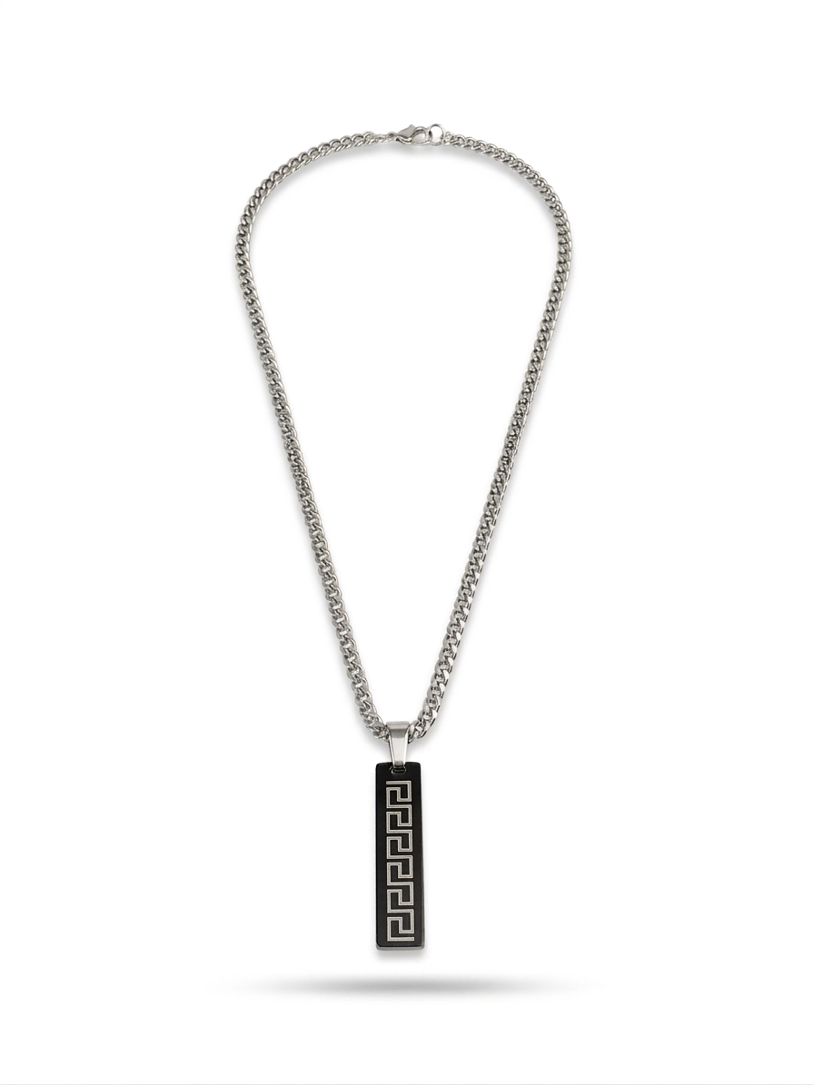 Silver Greek Key Onyx Bar Necklace