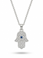 Pavé Hamsa Hand Evil Eye Necklace in Silver
