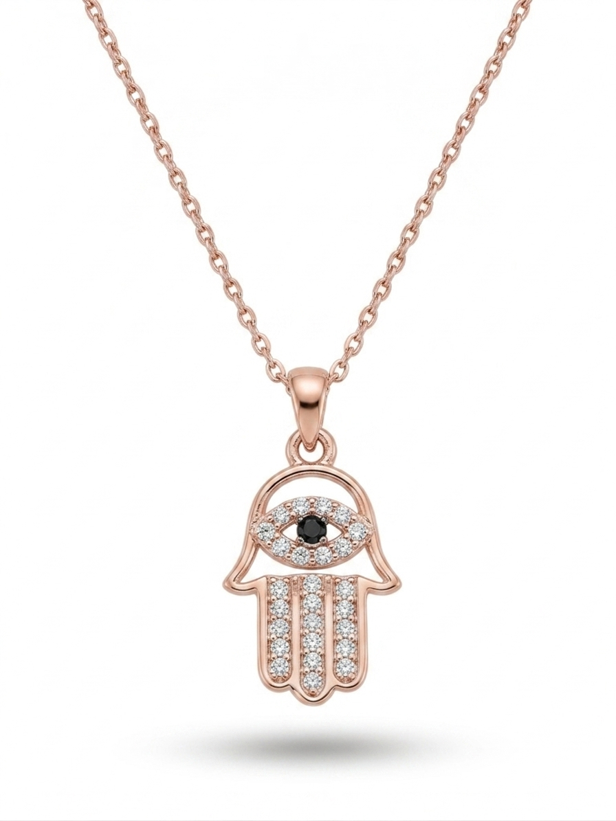 Rose Gold Pavé Hamsa Hand Evil Eye Necklace - 18K Gold Plated