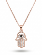 Rose Gold Pavé Hamsa Hand Evil Eye Necklace - 18K Gold Plated