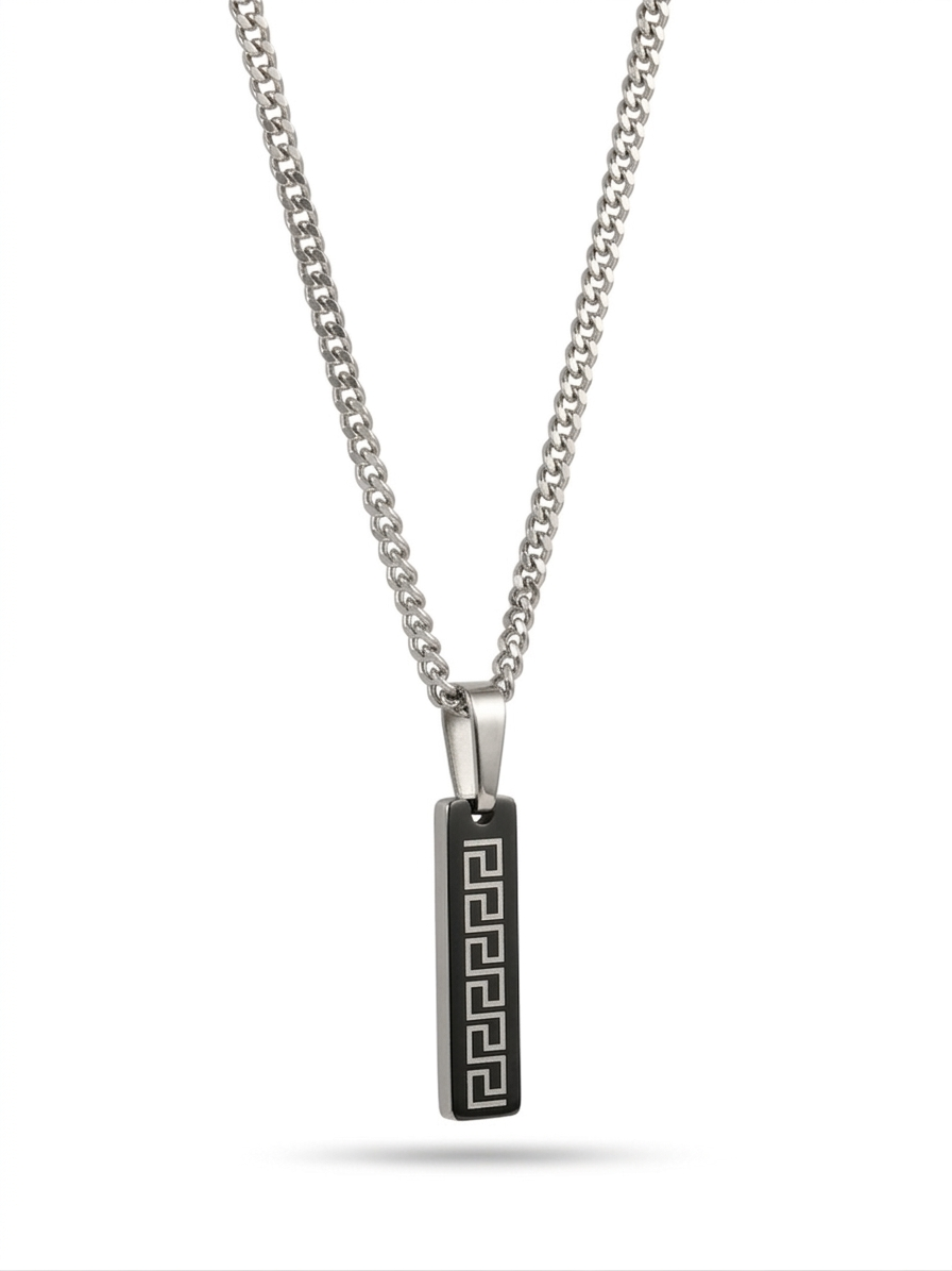 Silver Greek Key Onyx Bar Necklace