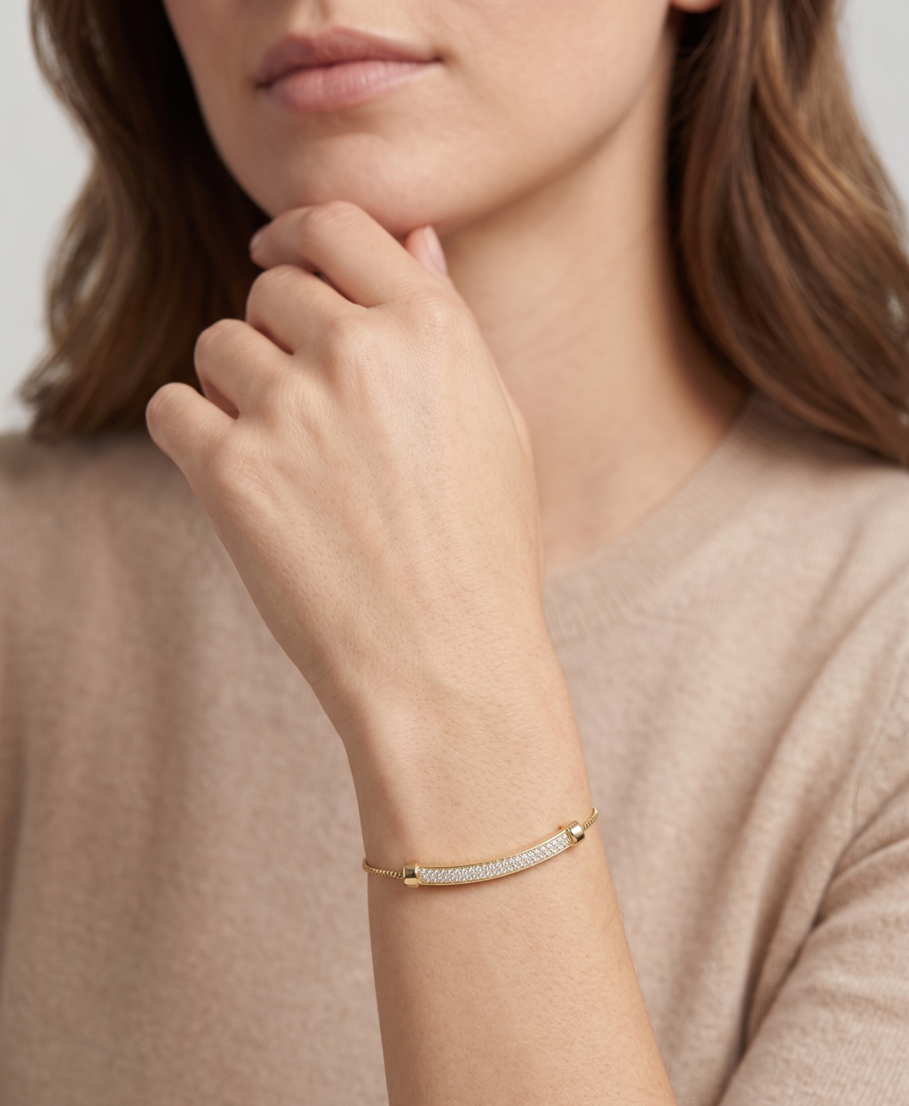 Gold Pave Bar Adjustable Bolo Bracelet - 18K Gold Plated