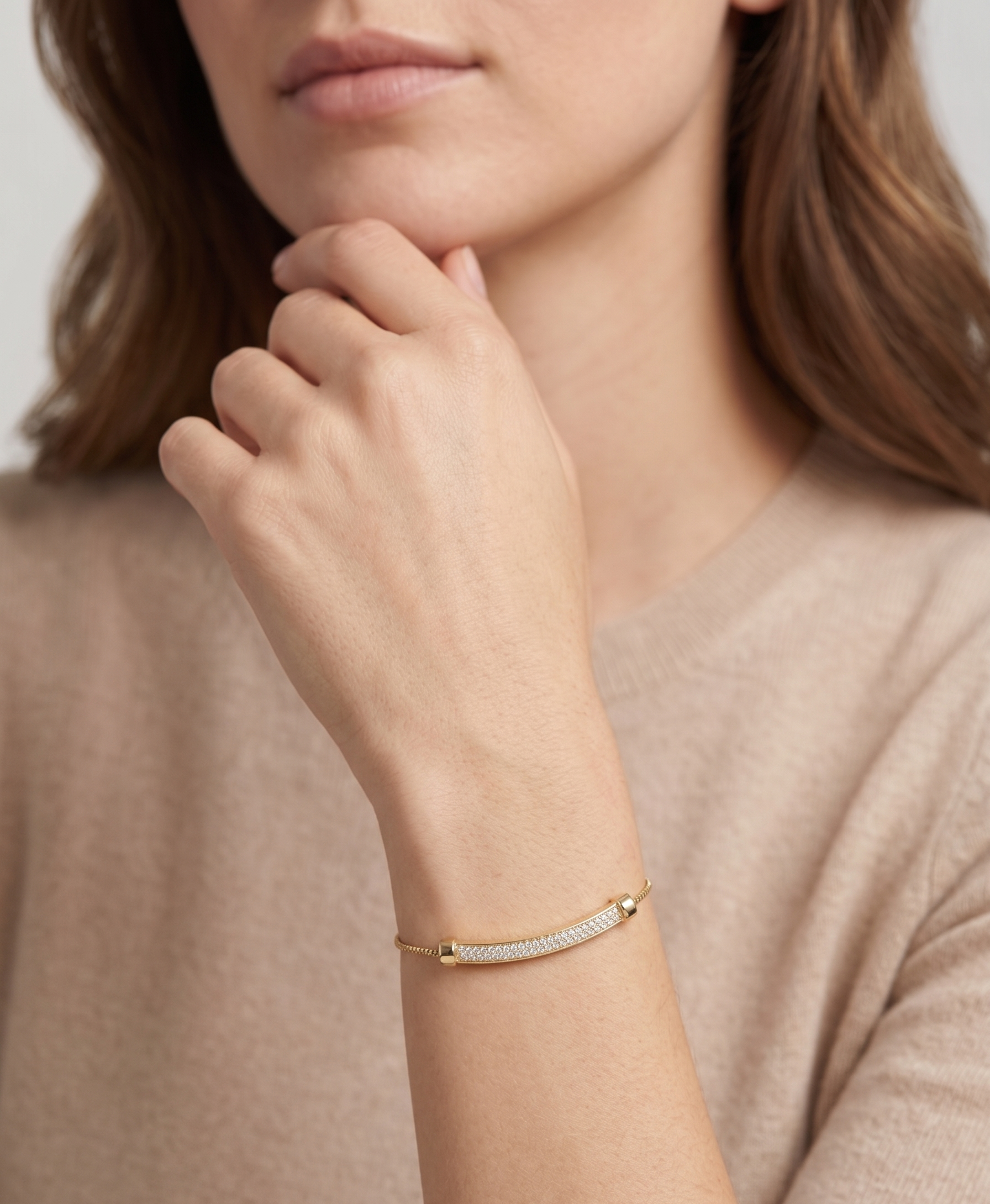 Gold Pave Bar Adjustable Bolo Bracelet - 18K Gold Plated