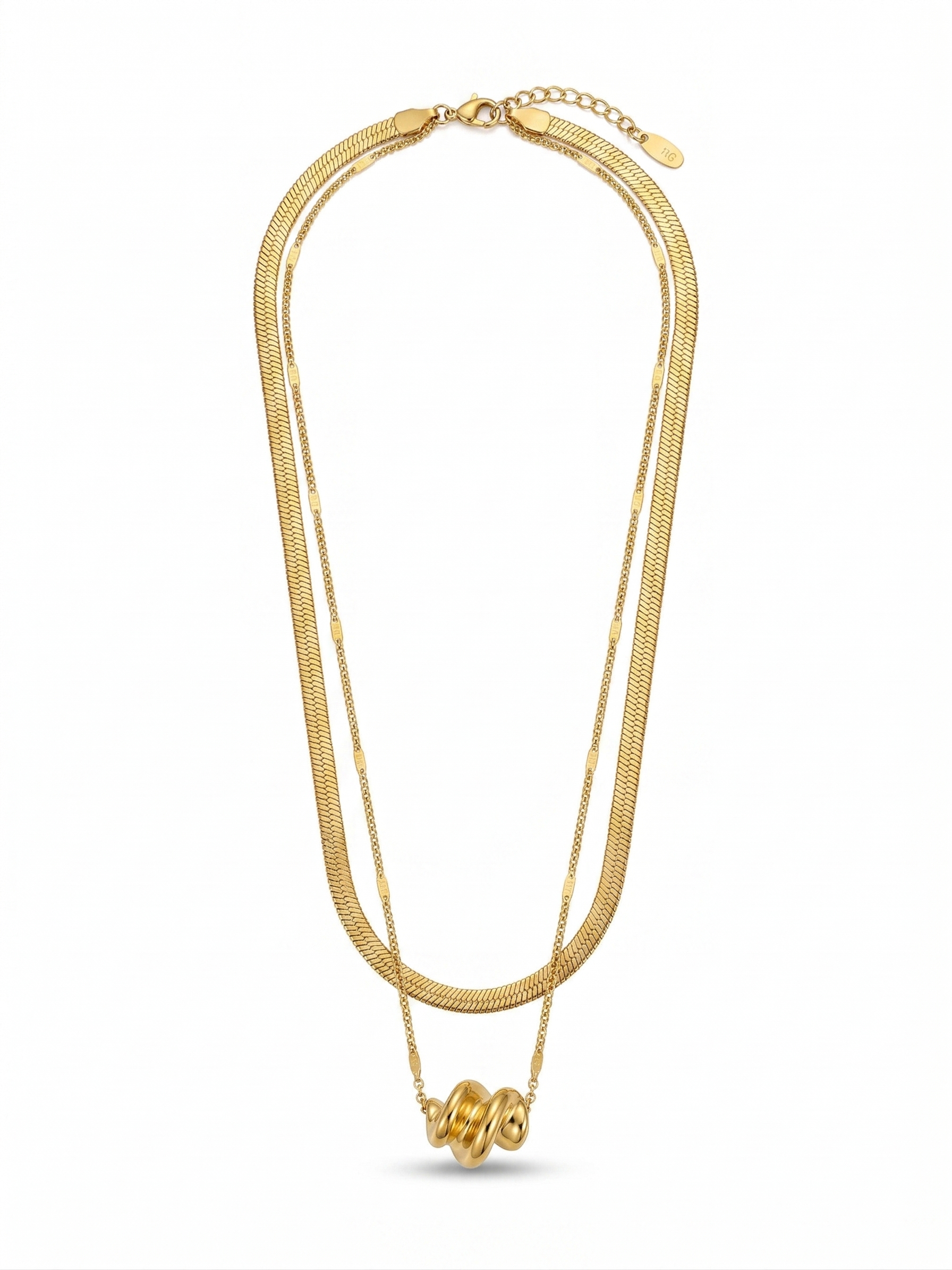 Layered Herringbone and Twisted Knot Pendant Necklace - 18K Gold Plated