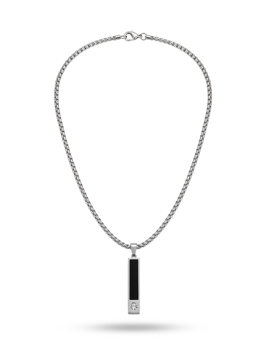 Crystal Accented Onyx Bar Necklace in Silver