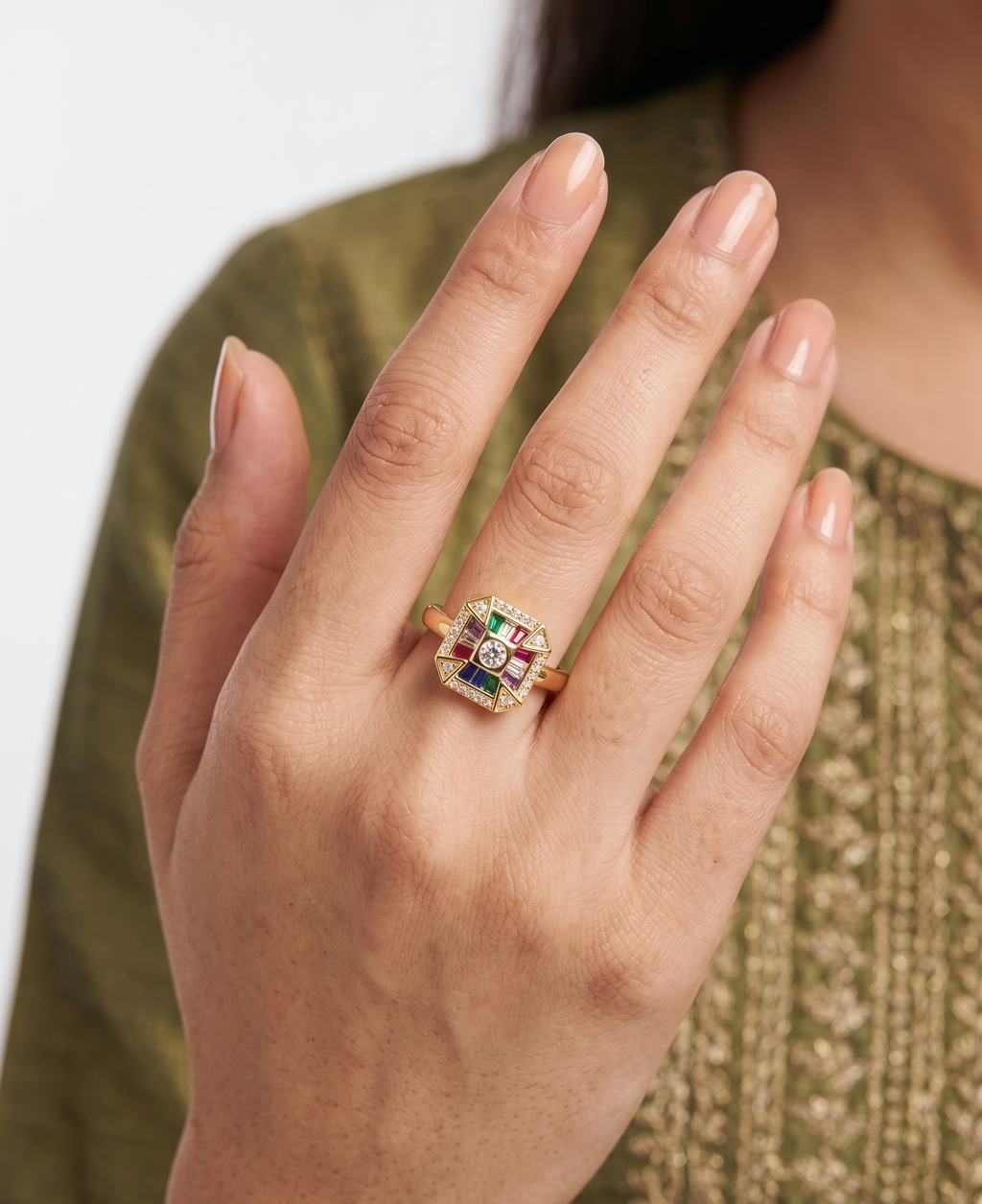 The Art Deco Multicolour Mosaic Adjustable Ring - 18K Gold Plated