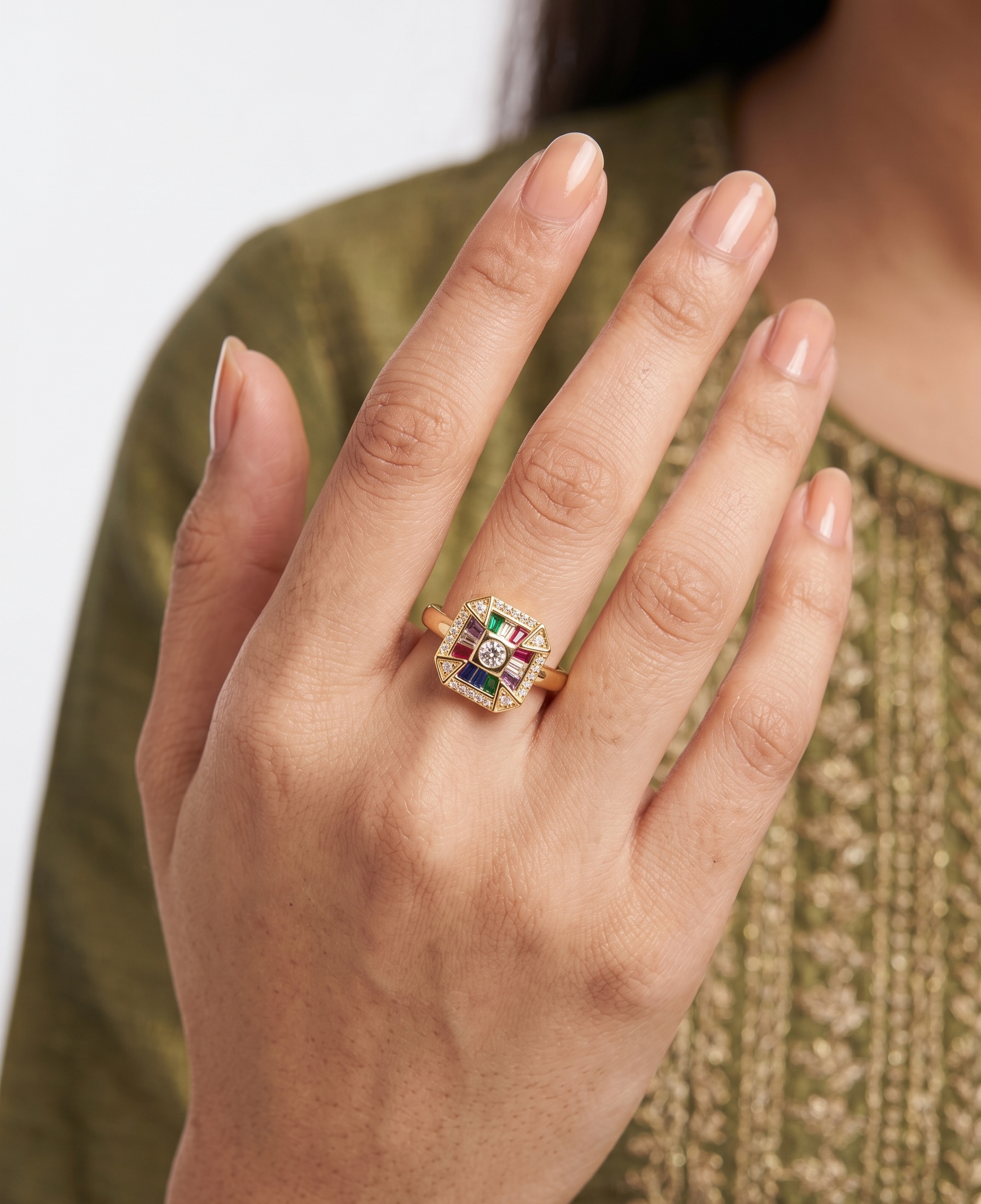 The Art Deco Multicolour Mosaic Adjustable Ring - 18K Gold Plated