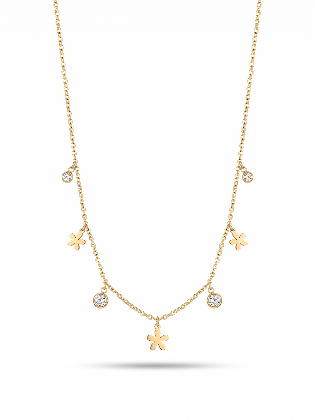 Dainty Floral & Crystal Charm Droplet Necklace - 18K Gold Plated