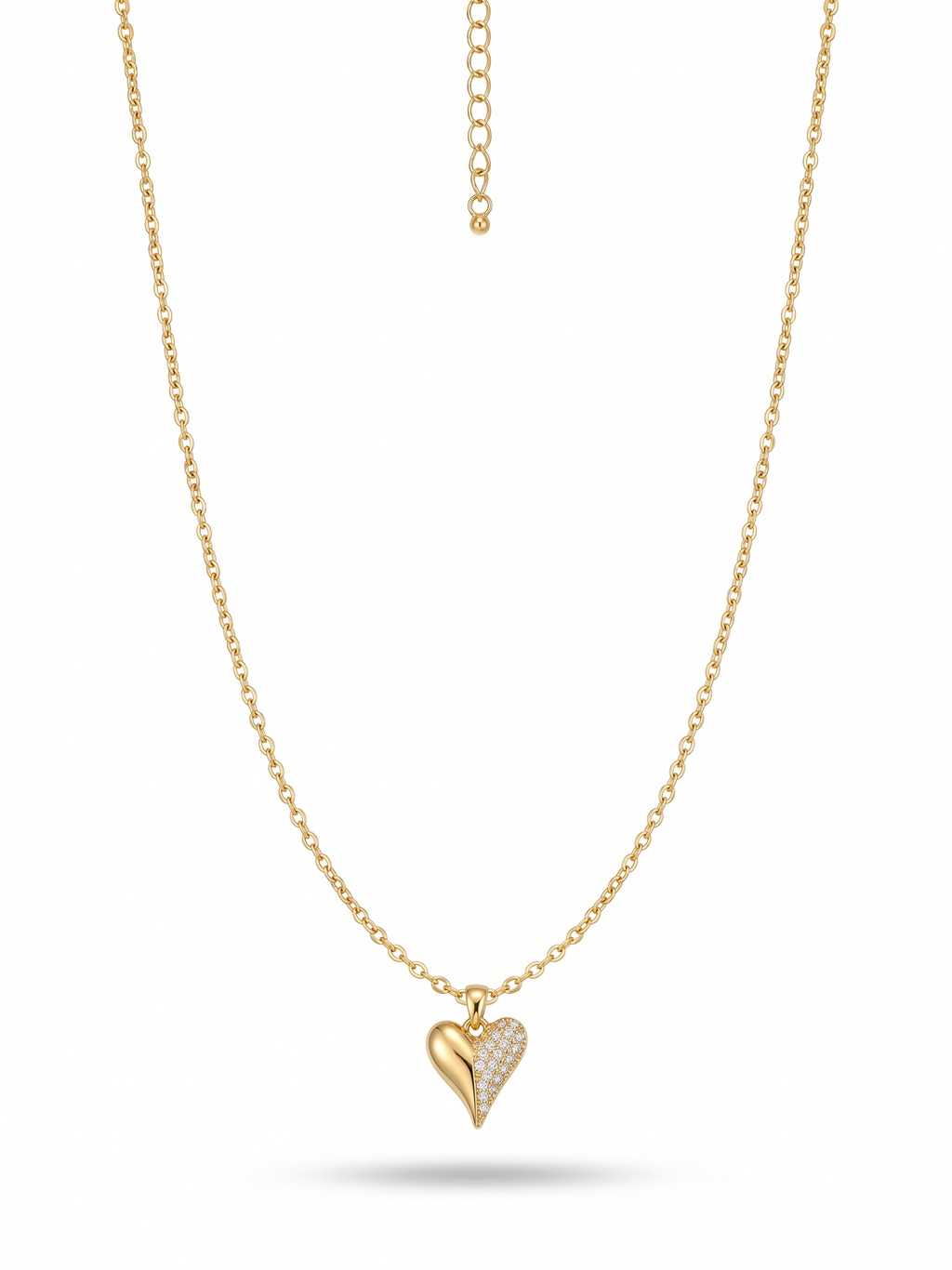 Crystal Half-Pave Heart Pendant Necklace -  18K Gold Plated