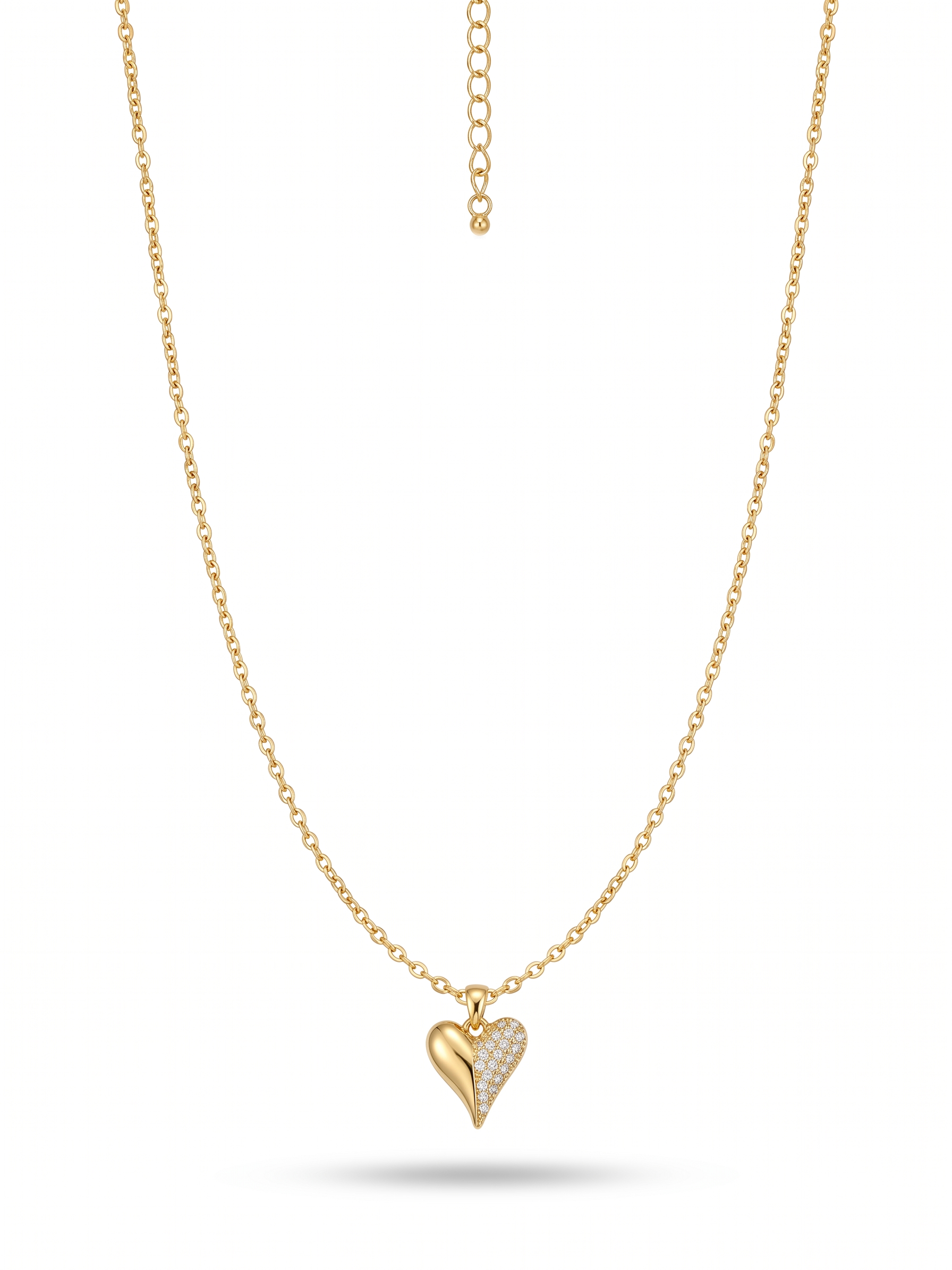Crystal Half-Pave Heart Pendant Necklace -  18K Gold Plated