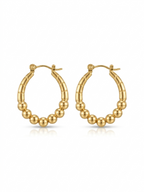 Pair of high-polish gold oval hoop earrings featuring a ribbed top and graduated beaded lower curve on a white background.