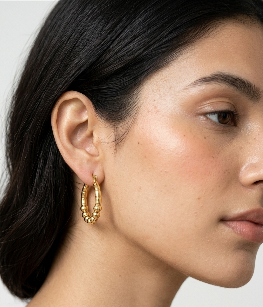 Pair of high-polish gold oval hoop earrings featuring a ribbed top and graduated beaded lower curve on a white background.