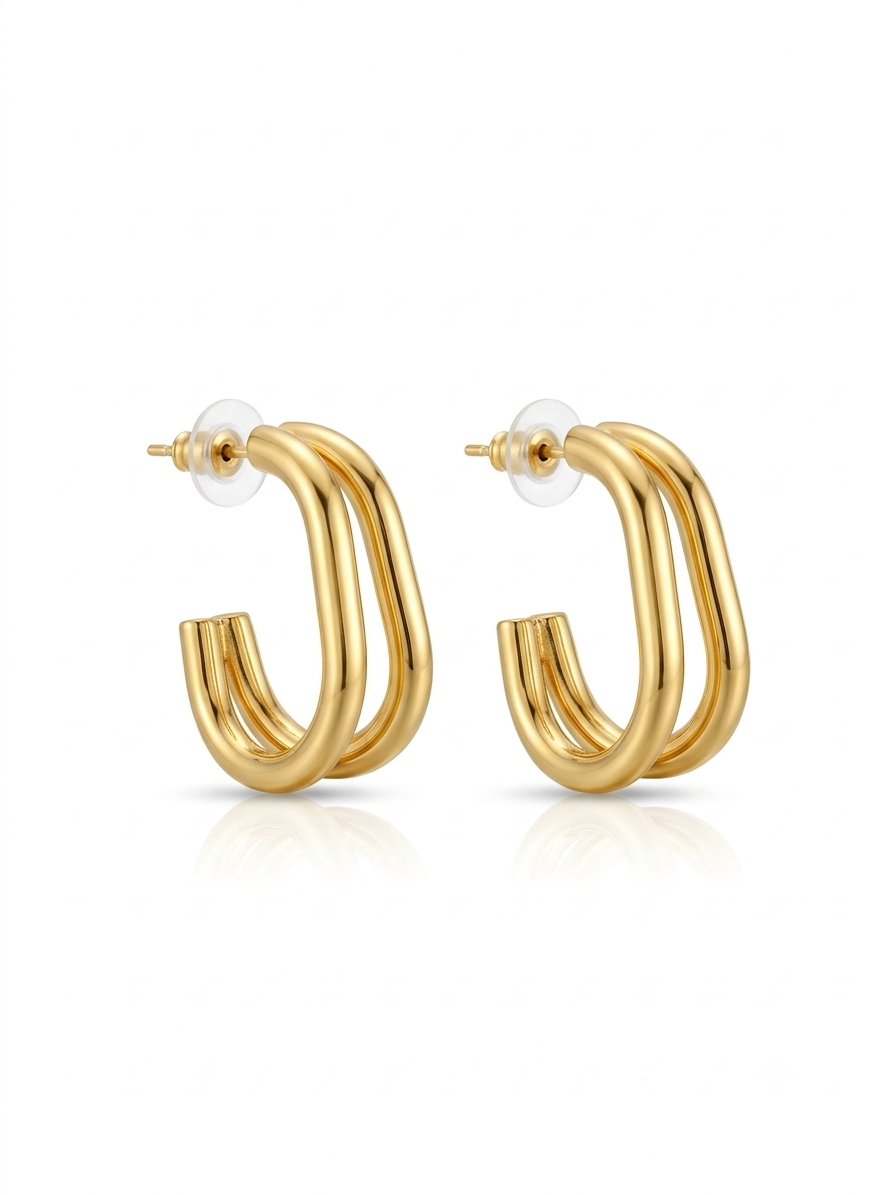 Pair of high-polish gold double-band tubular open oval hoop earrings with post backs on a white background.