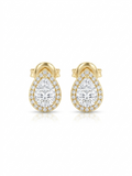 Pair of gold stud earrings featuring pear-cut clear stones encircled by a sparkling halo on a white studio background.
