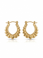 Pair of polished gold oval hoop earrings featuring a scalloped outer rim and a central heart motif on a white studio background.