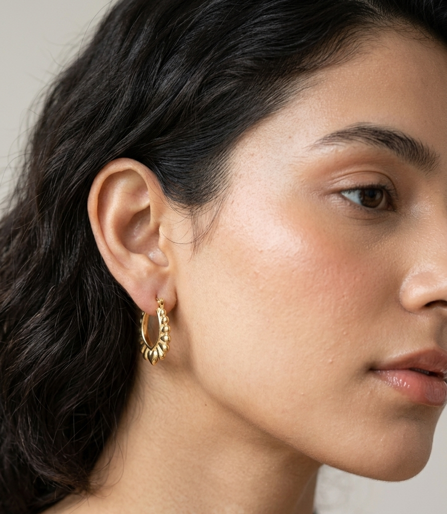 Pair of polished gold oval hoop earrings featuring a scalloped outer rim and a central heart motif on a white studio background.