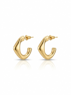 Pair of polished gold open hoop earrings with fluid sculptural curves shown on a pure white studio background.