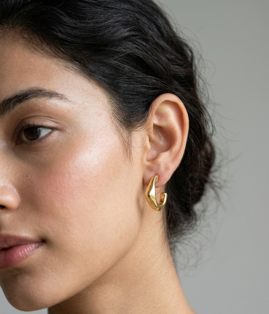 Pair of polished gold open hoop earrings with fluid sculptural curves shown on a pure white studio background.