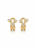 Pair of polished gold sculptural openwork earrings featuring bezel-set round clear stones on a white background.