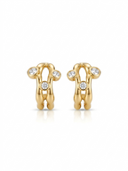 Pair of polished gold sculptural openwork earrings featuring bezel-set round clear stones on a white background.