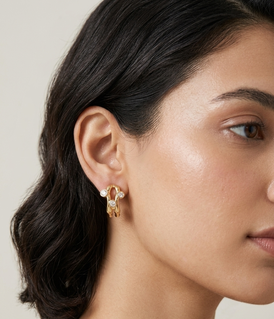 Pair of polished gold sculptural openwork earrings featuring bezel-set round clear stones on a white background.