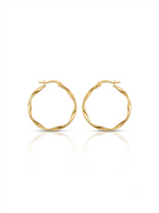 Pair of polished gold round hoop earrings featuring an organic wavy design displayed on a pure white studio background.