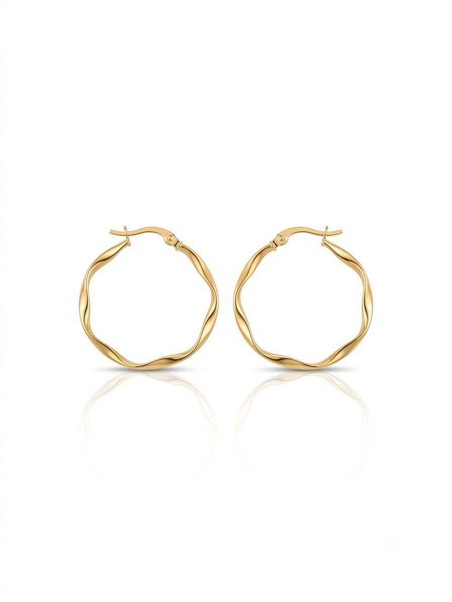 Pair of polished gold round hoop earrings featuring an organic wavy design displayed on a pure white studio background.