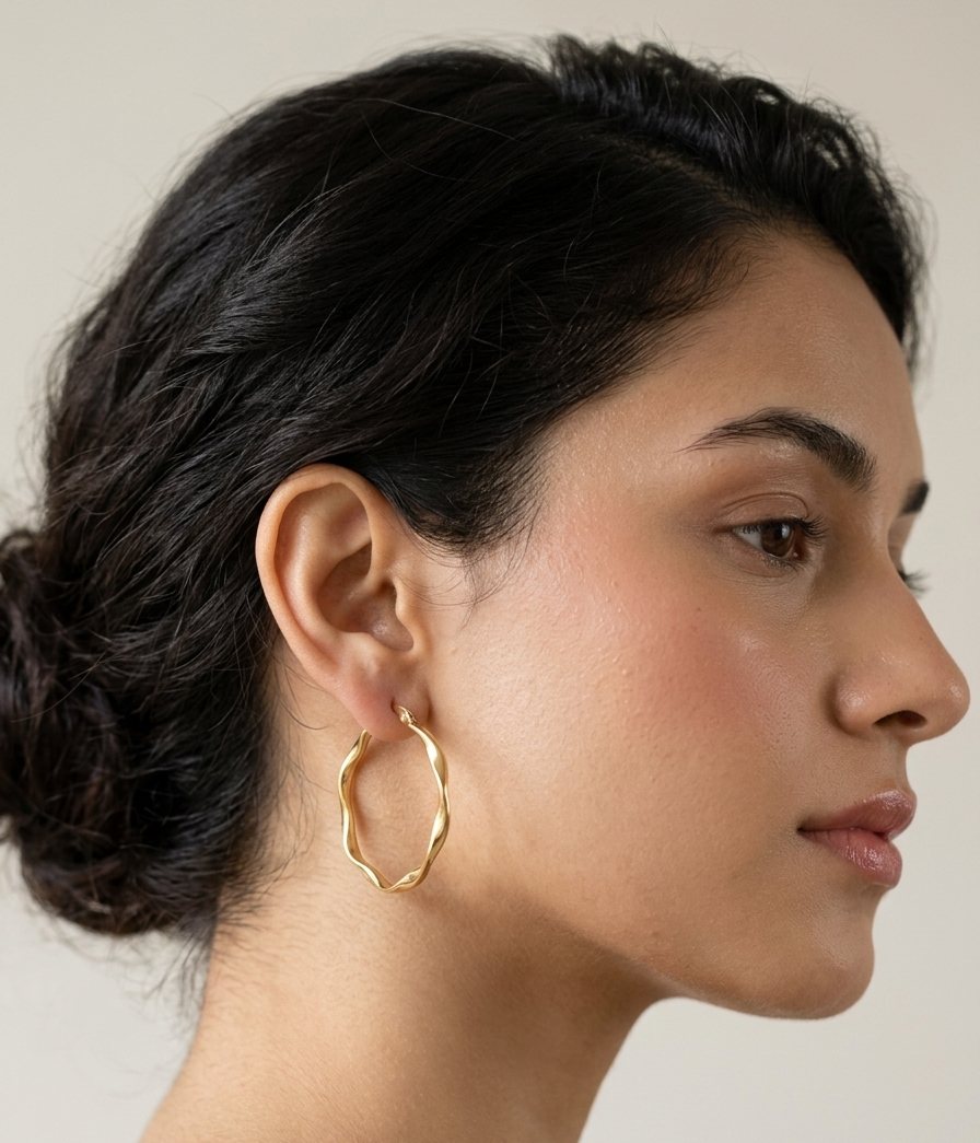 Pair of polished gold round hoop earrings featuring an organic wavy design displayed on a pure white studio background.