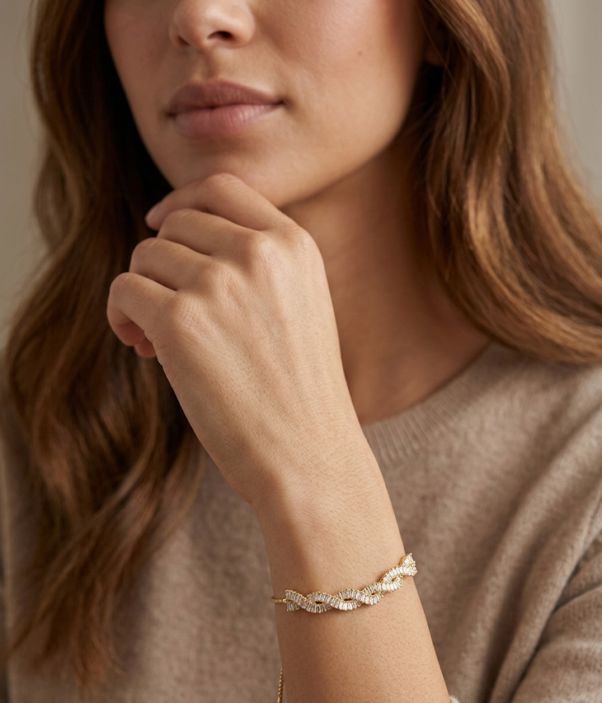 Anti Tarnish 18K Gold Plated  The Gold Twisted Baguette Ribbon Adjustable Bracelet for Women