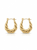 Pair of polished gold twisted croissant oval hoop earrings displayed against a plain white studio background.