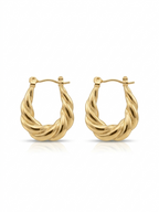Pair of polished gold twisted croissant oval hoop earrings displayed against a plain white studio background.